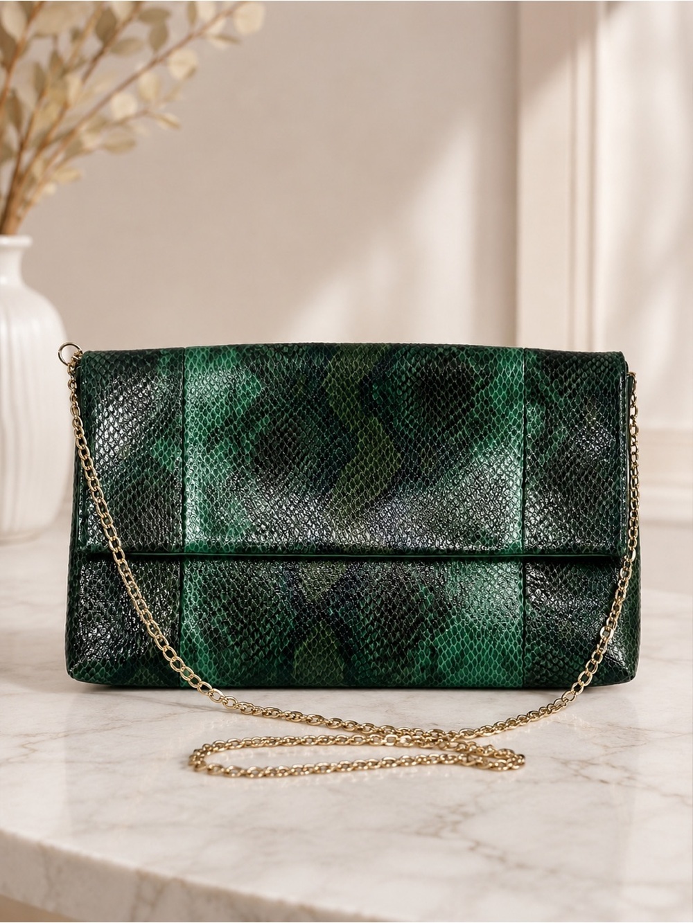 Urban Expressions Green Snake-Print Leather Crossbody Clutch with Gold Chain